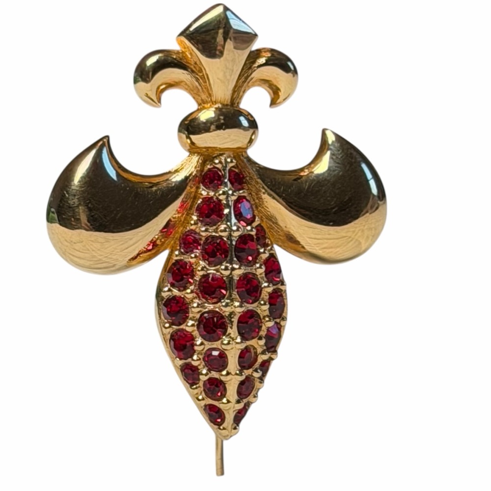 Vintage Swarovski Fleur De Lis Brooch Gold with Red Crystals
